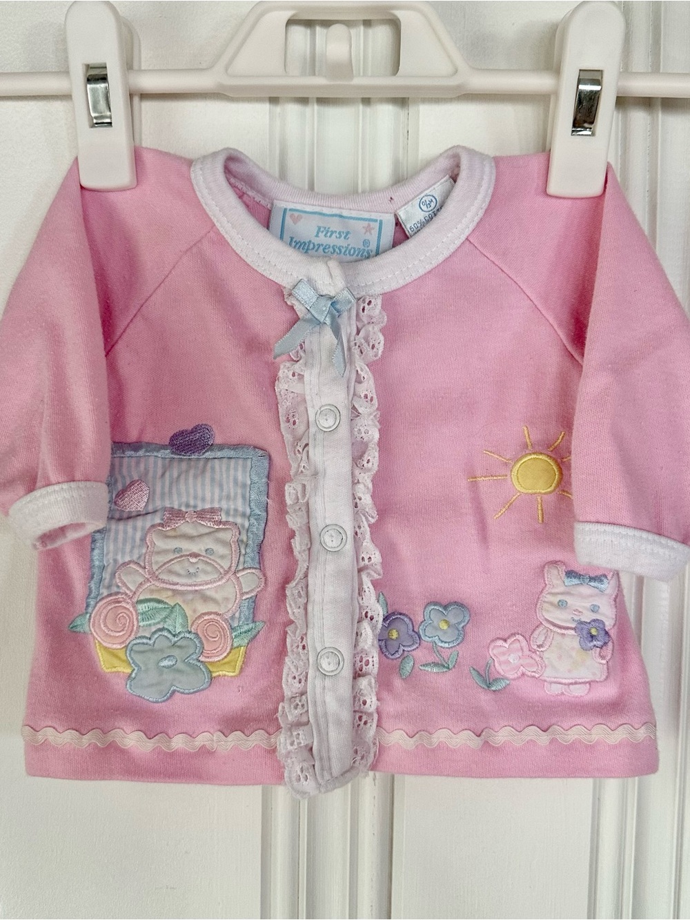 VTG First Impressions Pink and White Baby Cardigan with Bow Accent 0-6M